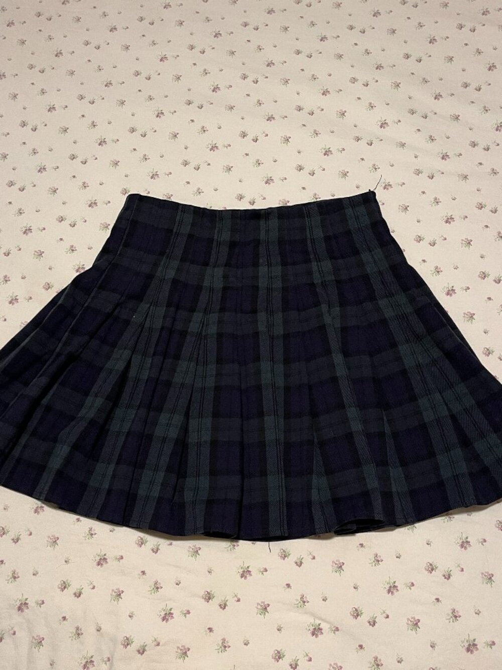 Brandy Melville Pleated Mini Skirt Blue Green Plaid Tartan Zipper High Waist XS